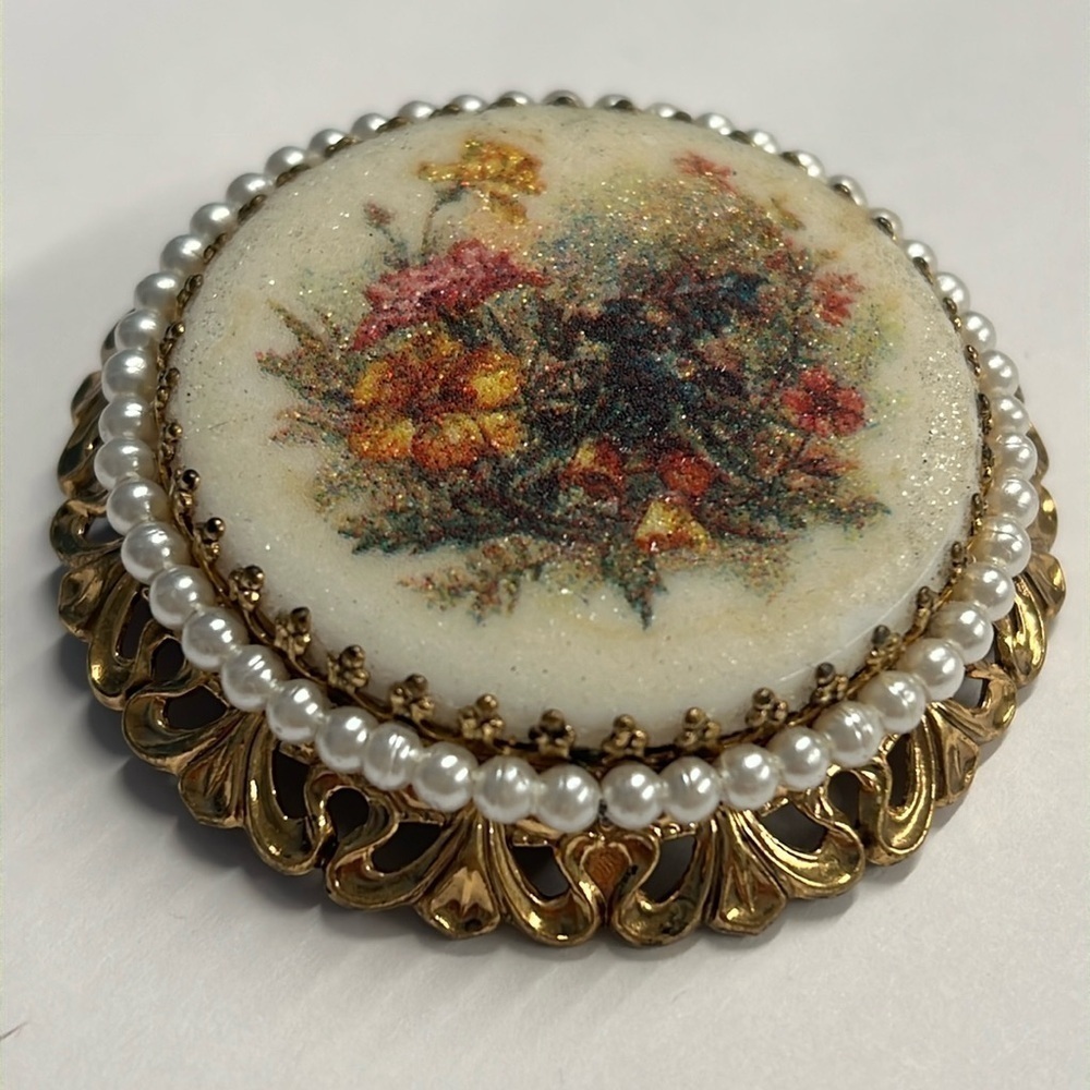 Vintage 2” Round Sugared Filigree Floral Pin Brooch Made in Germany